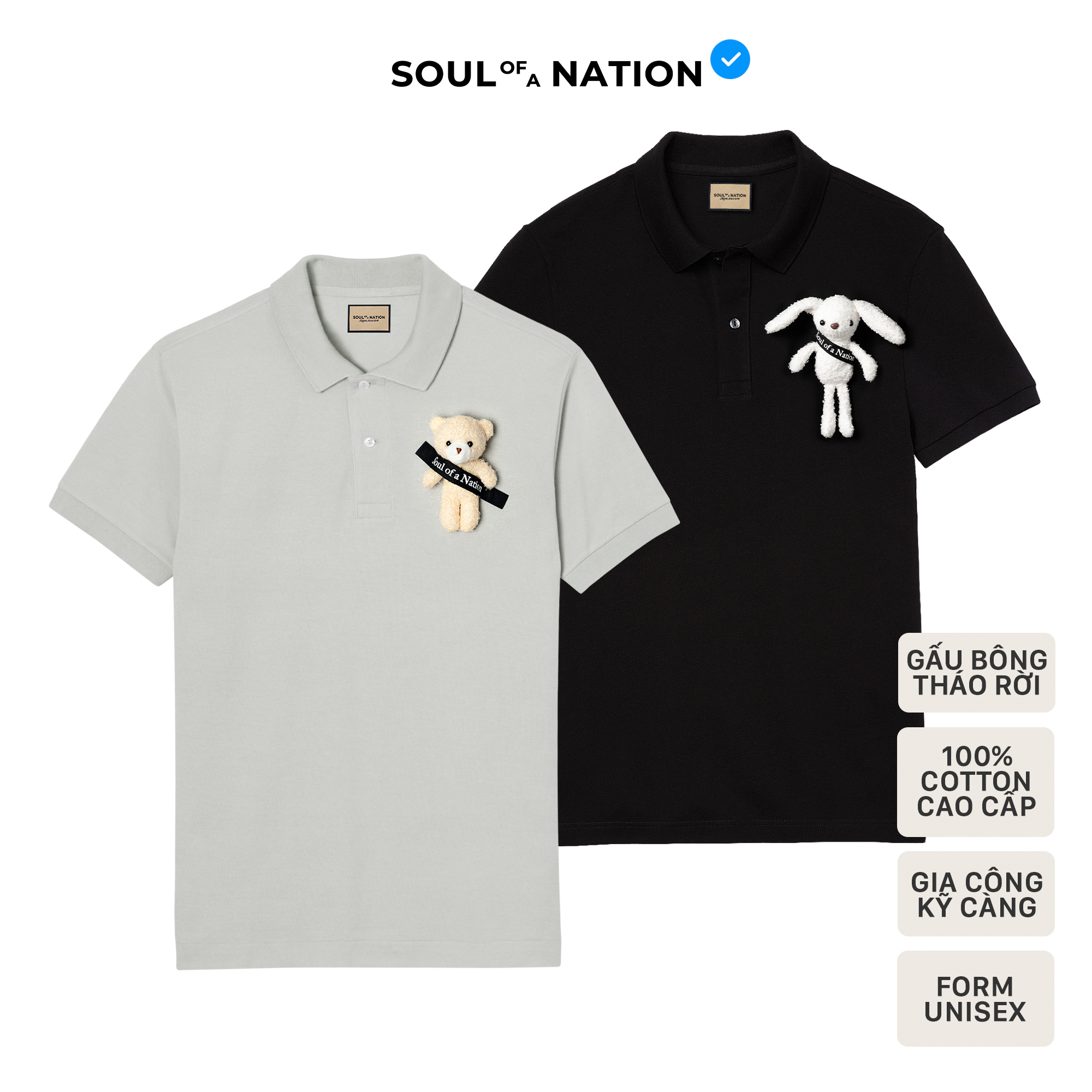 Áo polo gấu/thỏ bông soul of a nation unisex có cổ basic vải cá sấu pique cotton, chỉn chu - soul of a nation