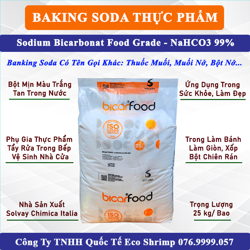 Baking soda thực phẩm, sodium bicarbonate, nahco3 99%, bột tẩy rửa đa năng, bột nở hãng solvay ý