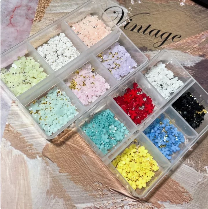 Set hoa nhí 6 ô mix size ,mix màu + bi - hoa gắn móng - mini nails