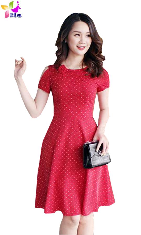 Đầm váy  –  Đầm xoè chấm bi hoa mí cổ DVCC86 cao cấp