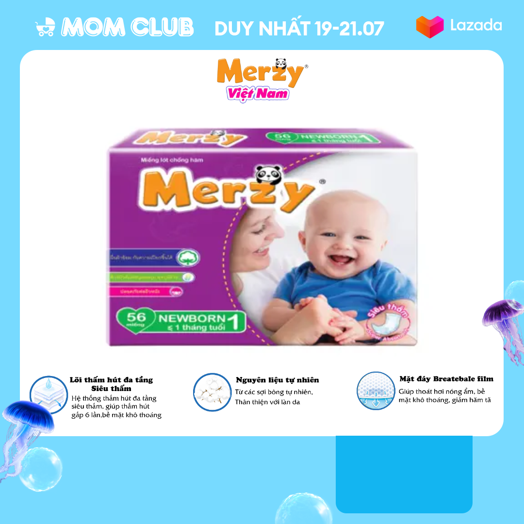 Miếng lót newborn 2 merzy dành cho bé 1 tháng tuổi mềm mịn thoáng khí siêu thấm gói 40 miếng
