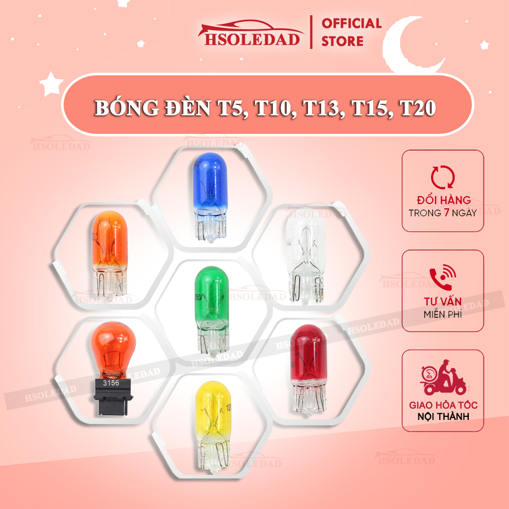 Bóng đèn t5, t10, t13, t15, t20 lắp cho bảng điều khiển ô tô, xe máy 12v. 24v nhiều màu