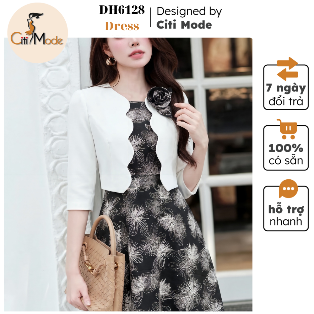 Citi Mode Fashion Office Dress Designed with a Faux Flared Dress with Black and White Floral Set and Stylized Collar, Floral Shoulder Straps Dh6128