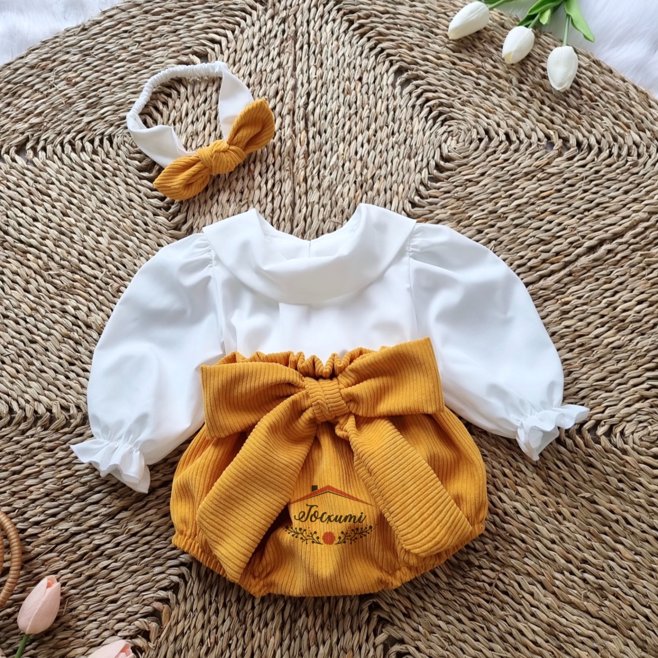 Set áo somi quần nhung nơ vàng cao cấp - tocxumi
