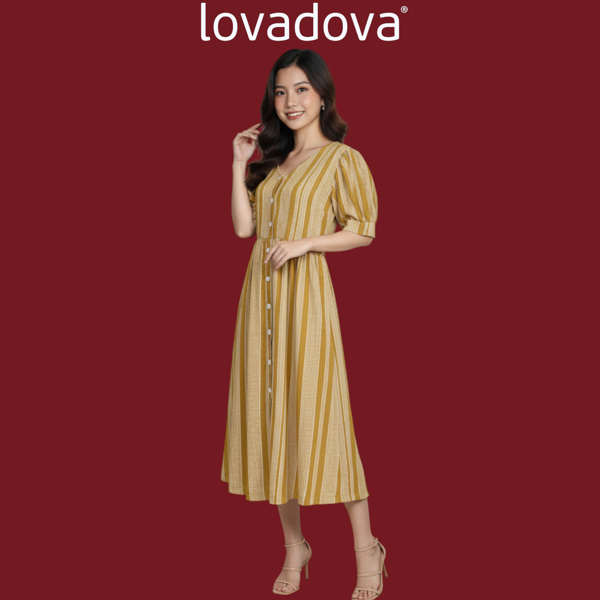  Đầm xòe màu nâu vàng cổ tim vải linen Lovadova GD0305 