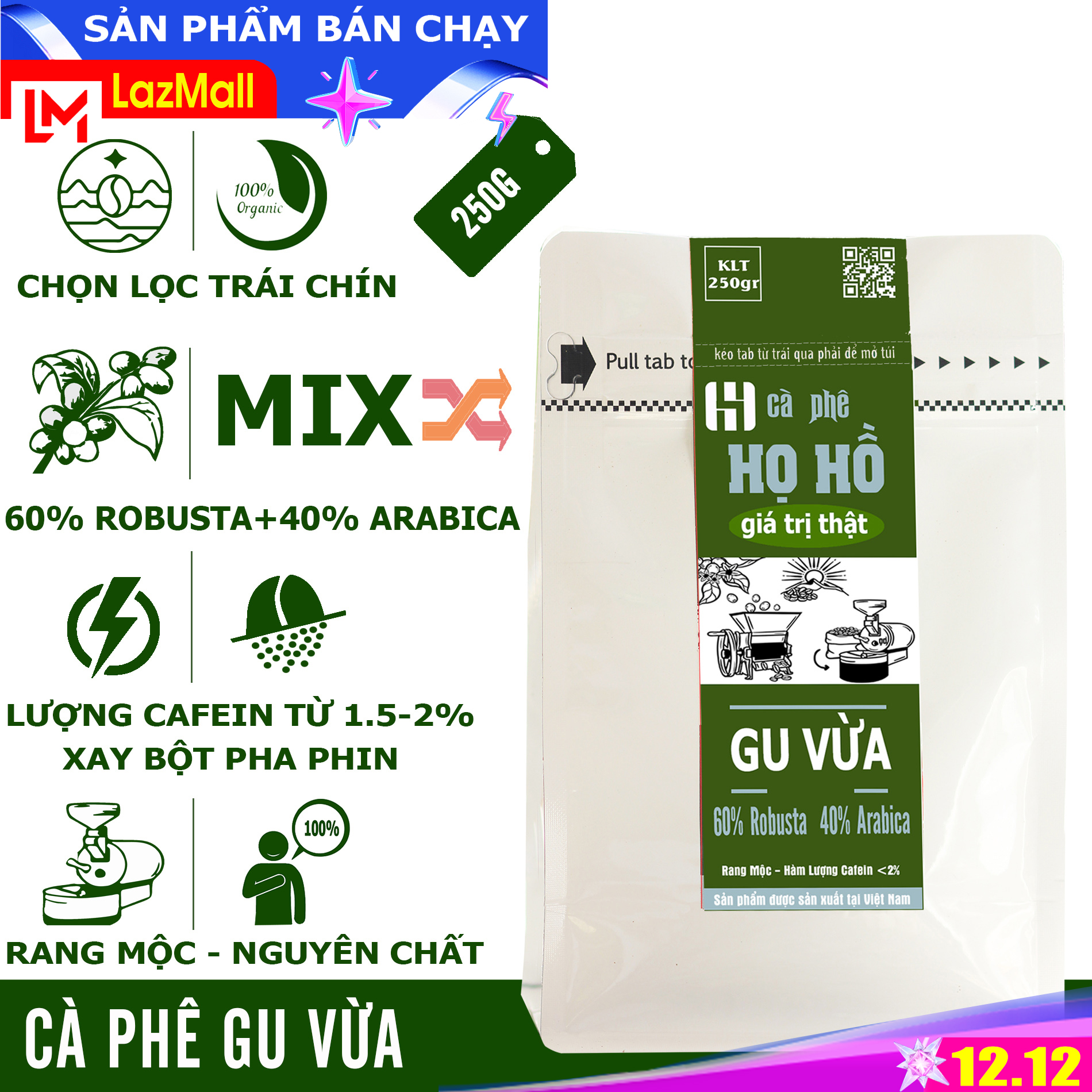 [Gu Vừa] 250g Cà phê rang xay nguyên chất pha phin - sự phối trộn tuyệt vời từ Arabica+Robusta thương hiệu Họ Hồ cafe rang xay mộc
