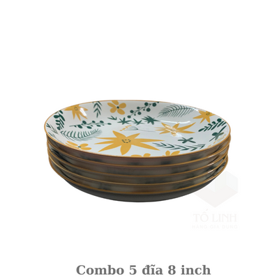 Combo 5 đĩa gốm sứ cao cấp hoạ tiết hoa 20cm,đĩa gốm sứ cao cấp