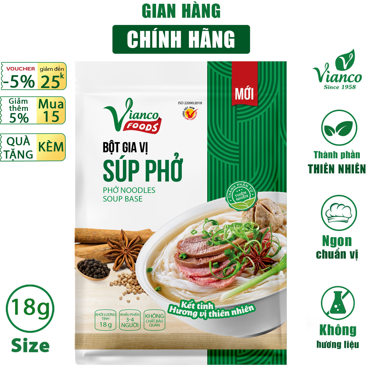 Combo 3 gói Gia vị nấu Phở Bò Phở Gà Phở Chay Vianco gói 18g gia vị nêm sẵn chuẩn vị không cần nêm nếm - Gia vị  Việt Ấn