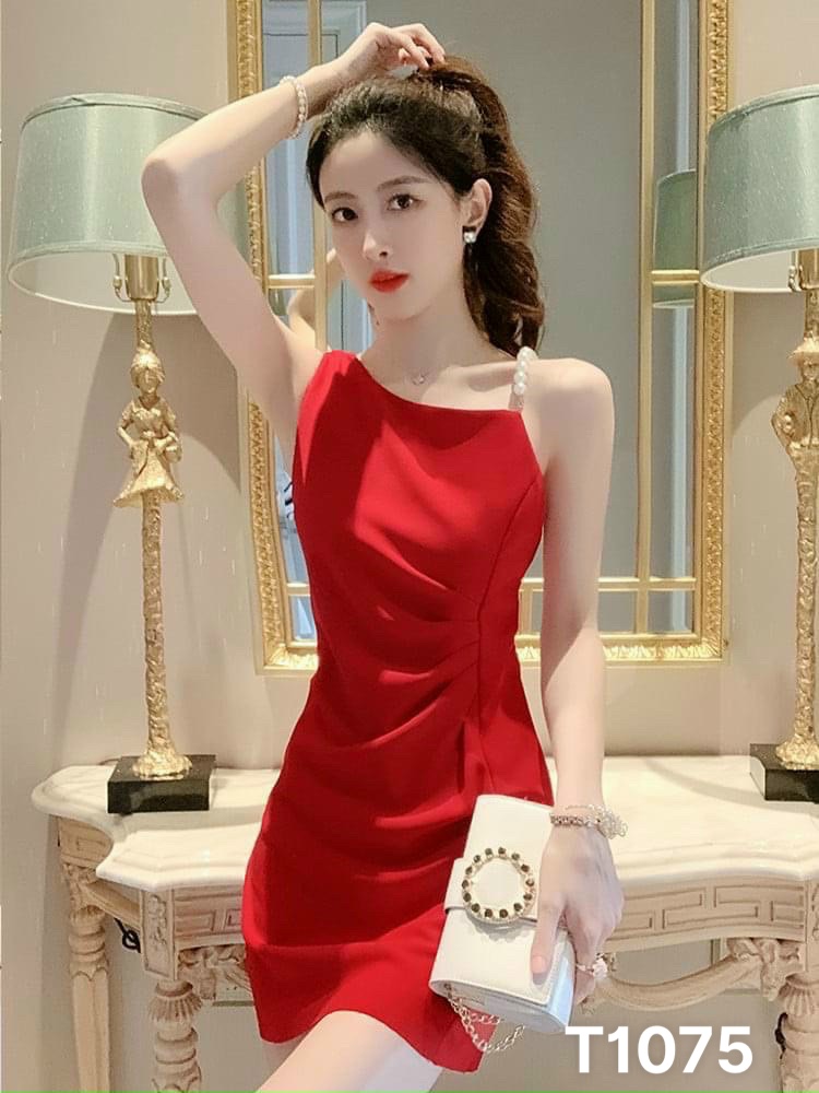 Đầm body lệch vai có dây cườm có mút ngực sát nách chất liệu cotton lạnh T1075