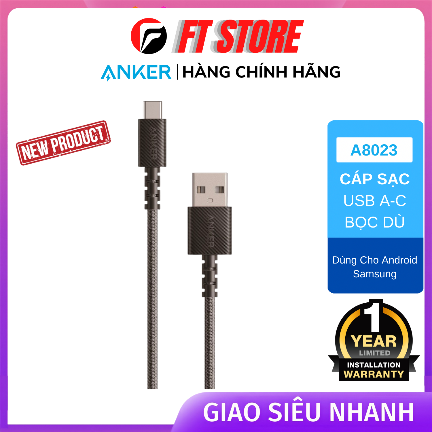 Cáp sạc type c anker powerline select+ usb-a to usb-c 2.0 chiều dài anker a8023 dài 1.8m