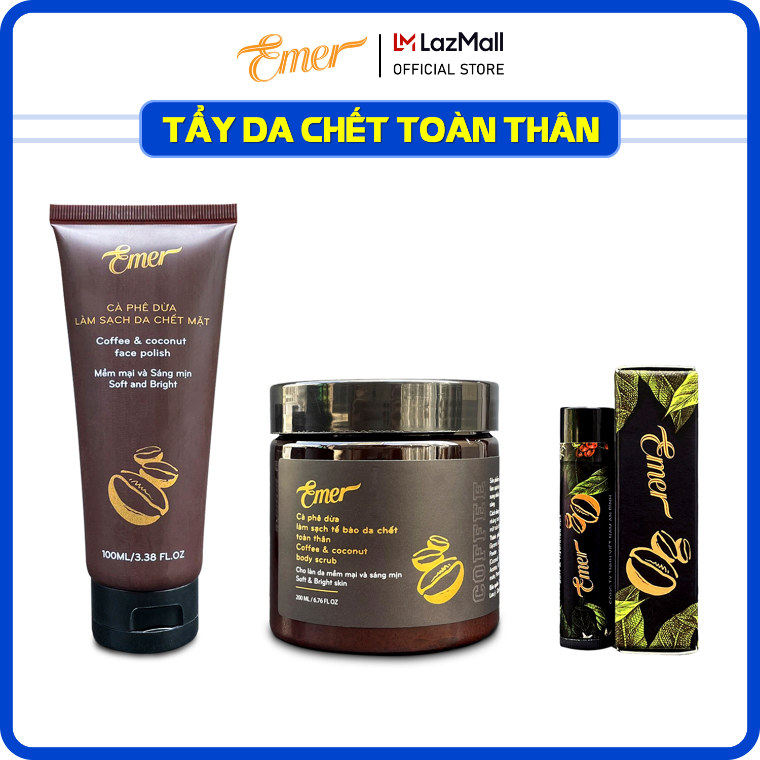 Liệu trình tẩy tế bào chết toàn thân EMER gồm 1 tẩy tế bào chết body 200ml + 1 tẩy tế bào chết mặt 100ml + 1 tẩy tế bào chết môi 5g