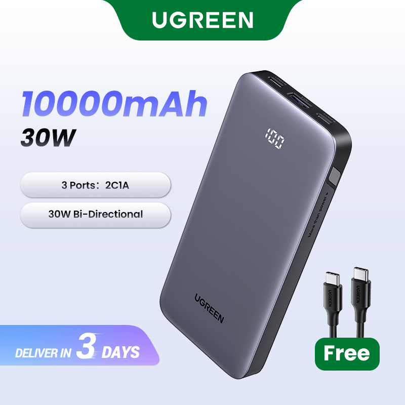 Sạc dự phòng UGREEN 10000mAh PD30W Power Bank 2 Type C 1USB A Mini Thin Portable Charger củ sạc nhanh iphone Compatible for iPhone 16 Pro 15 14 13 12 Pro Max Samsung S25 S24 Ultra Macbook Pro Model:55994