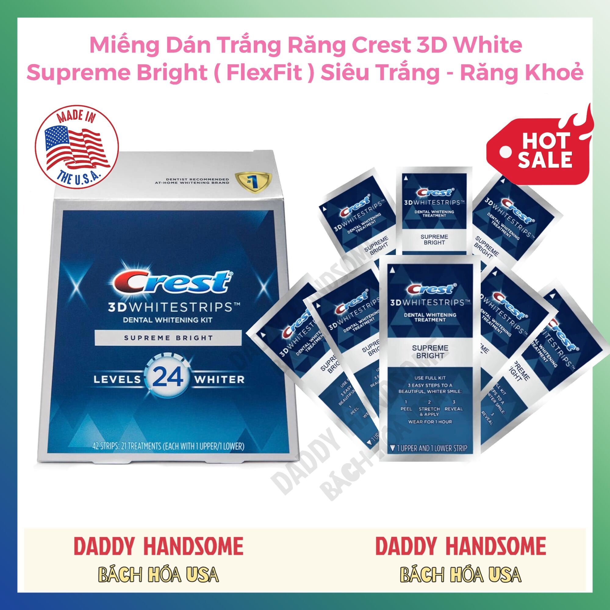 ( Combo 7 Gói ) Miếng Dán Trắng Răng Crest 3D White Supreme Bright ( Flexfit) Siêu Trắng Răng Khoẻ - Chính Hãng Mỹ