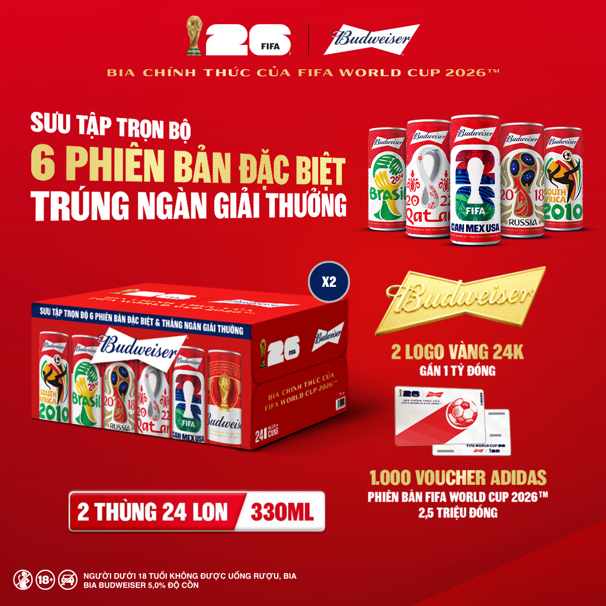 Combo 2 Thùng 24 Lon Bia Budweiser Sleek Can Chính Hãng (330ml/lon)