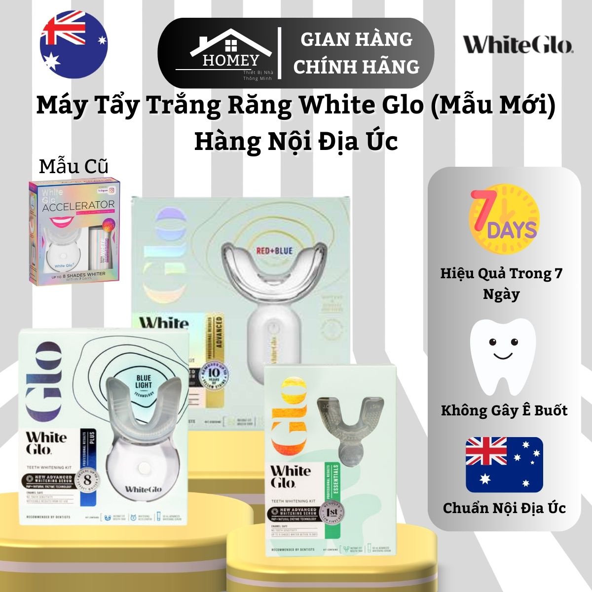 Homey - máy tẩy trắng răng, làm trắng răng không ê buốt white glo - hàng nội địa úc