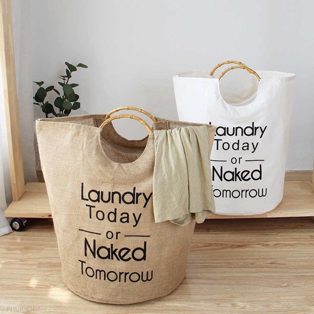 Túi sọt vải bố dầy cỡ lớn có quai xách gỗ vintage sang trọng đựng đồ giặt quần áo bẩn giỏ đựng đồ chơi vật dụng đa năng
