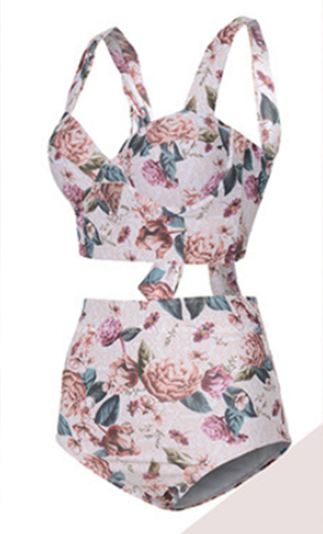 Bikini hoa 2 mảnh cạp cao retro