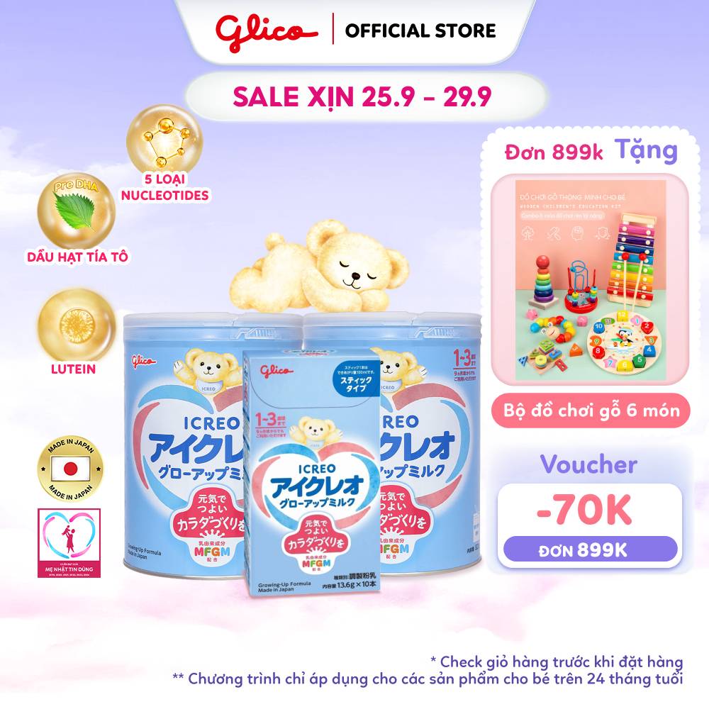 (VC70K-QUÀ XỊN-FREESHIP) Combo 2 Lon Sữa Bột Dinh Dưỡng Glico Icreo Grow-Up Milk (Số 1 - 820g/lon) + 1 Hộp Giấy 10 Thanh Tiện Dụng - Sữa Nhật Được Ưa Chuộng Cung Cấp Dinh Dưỡng Cân Bằng Phát Triển Toàn Diện Cho Bé