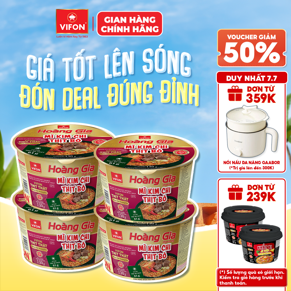 [Voucher 28% đơn từ 400K] Set 4 Tô Mì Kim Chi Thịt Bò/ Thịt Bằm Hoàng Gia VIFON 130g Có Gói Thịt Thật Dạng Tô Tiện Lợi