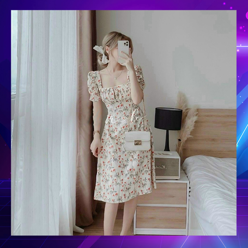 Đầm lụa hoa công sở xếp ly ngực - thời trang hoa anh đào