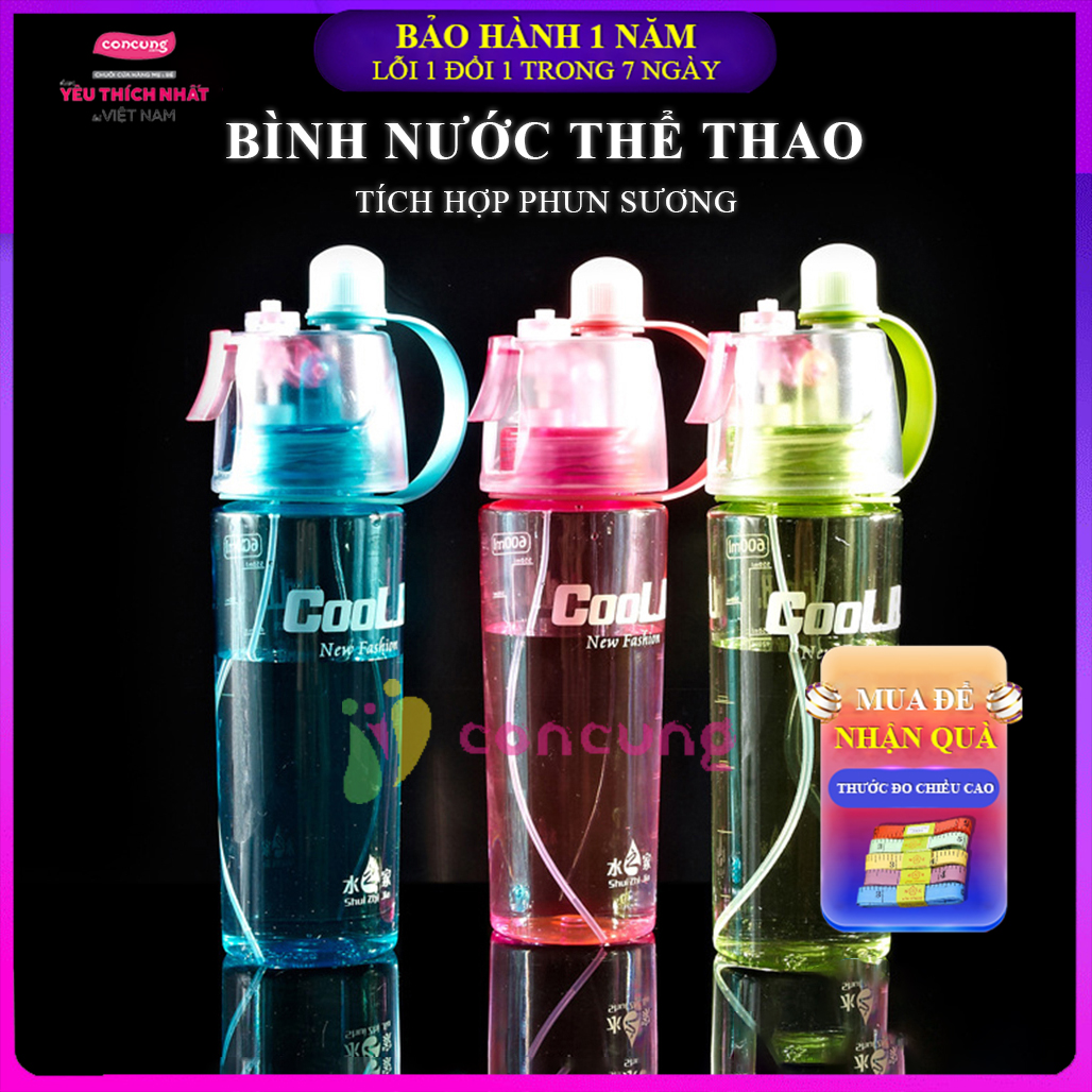 Bình nước thể thao phun sương 2 IN 1 600ml , bình đựng nước phòng gym, xe đạp, dã ngoại leo núi cao cấp