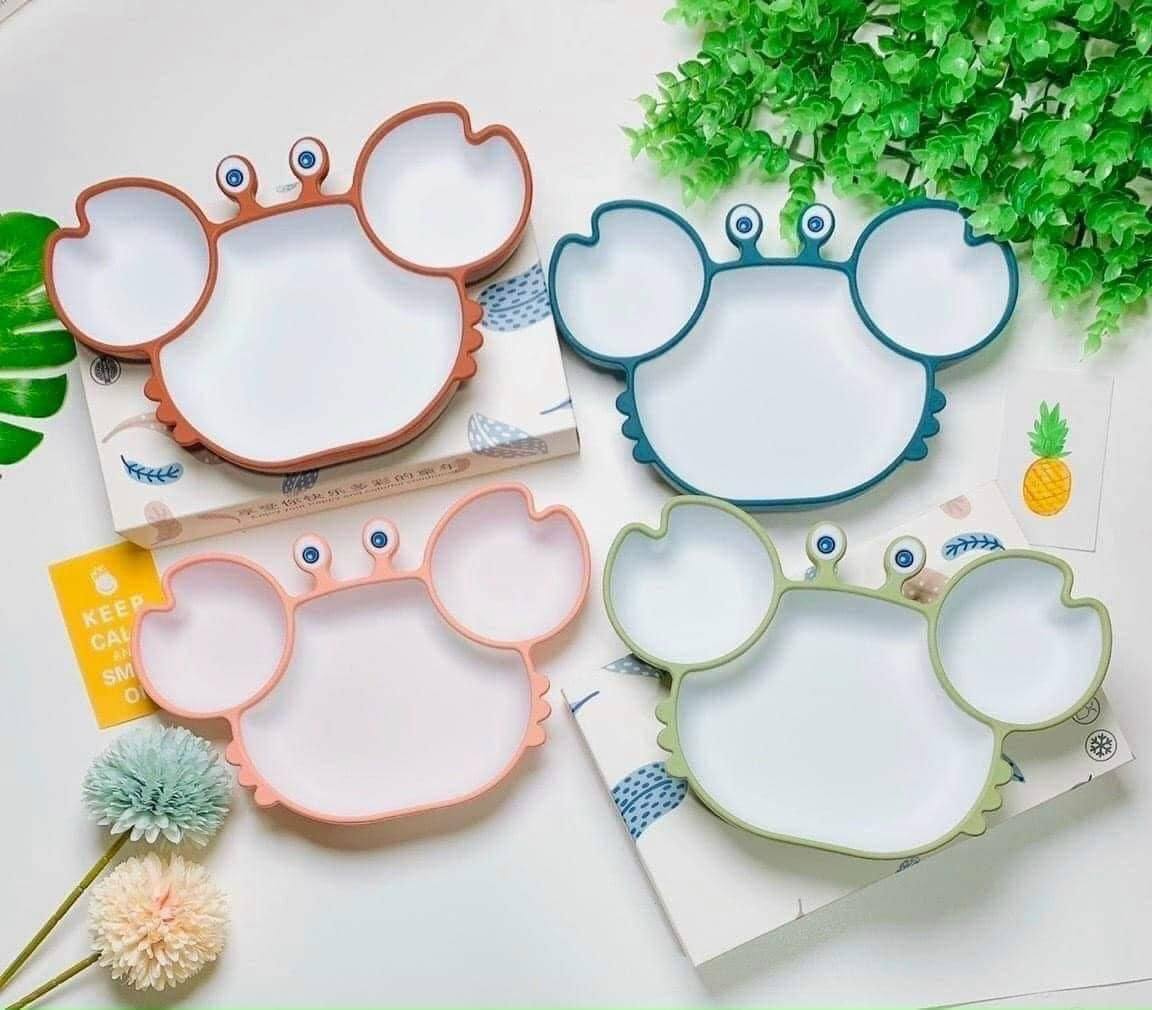 Khay Ăn Dặm Cho Bé Silicon Chống Đổ Hình Cua ,Khay Chia Thức Ăn Có Đế Bám Dính Chống Lật Siêu Mềm
