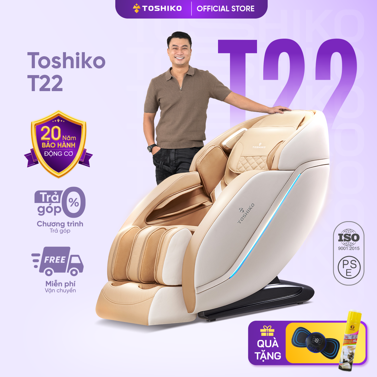 Ghế massage toàn thân tiêu chuẩn Nhật Bản Toshiko T22 -  Sở hữu con lăn 4D massage di chuyển, Tự động mát xa thư giãn, đa dạng các loại bài massage, bảng điều khiển cảm ứng