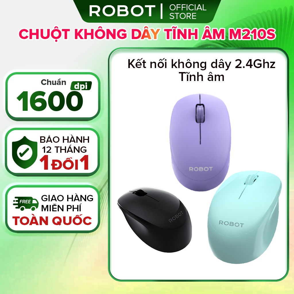 Chuột không dây Robot M210S tĩnh âm silent nhấp im lặng kết nối USB nhỏ gọn tiện dụng độ chính xác cao cho máy tính xách tay laptop pc phù hợp văn phòng dạy online học online