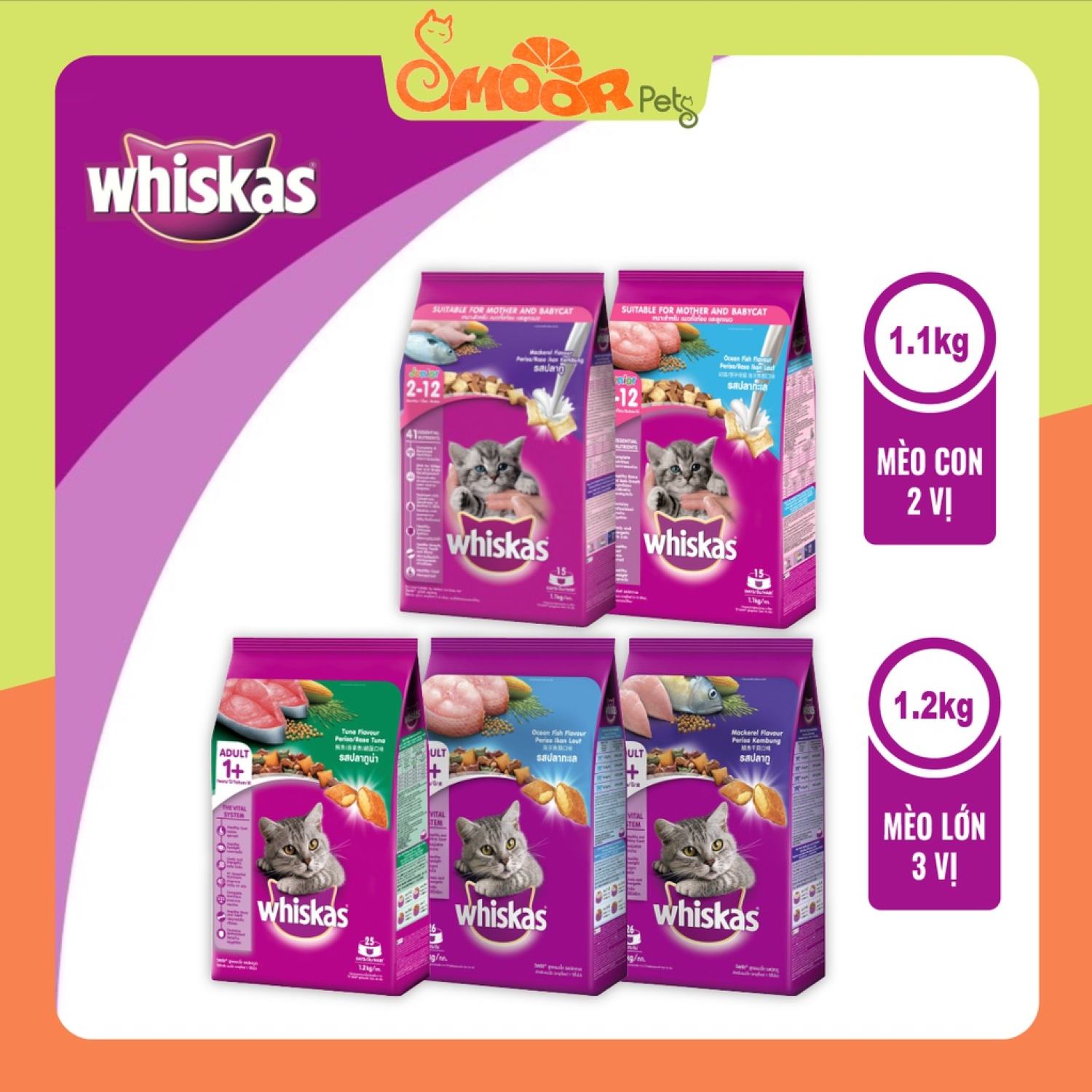 Hạt Whiskas - Thức ăn cho mèo lớn hạt Whiskas 1.2kg, cho mèo con hạt Whiskas 1.1kg - Smoor petshop