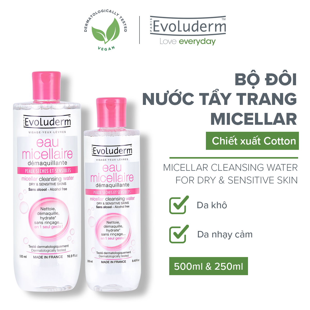 Bộ 2 sản phẩm nước tẩy trang Evoluderm dành cho da khô và nhạy Cảm 500ml+250ml