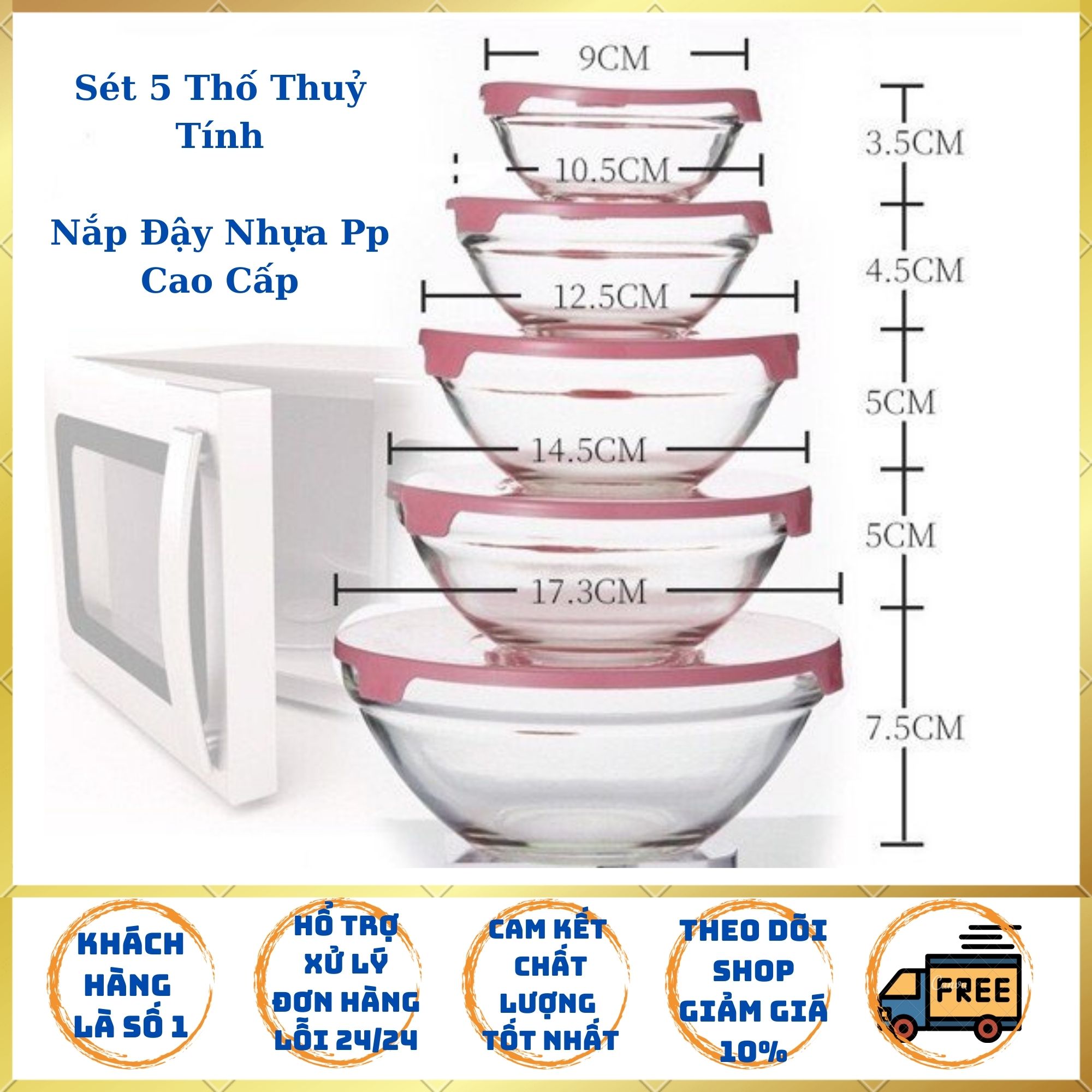 SÉT 5 THỐ THUỶ TINH DÀY - NẮP ĐẬY SỬ DỤNG BẰNG NHỰA Pp CAO CẤP CỰC KỲ AN TOÀN CHO SỨC KHOẺ NGƯỜI TIÊU DÙNG.