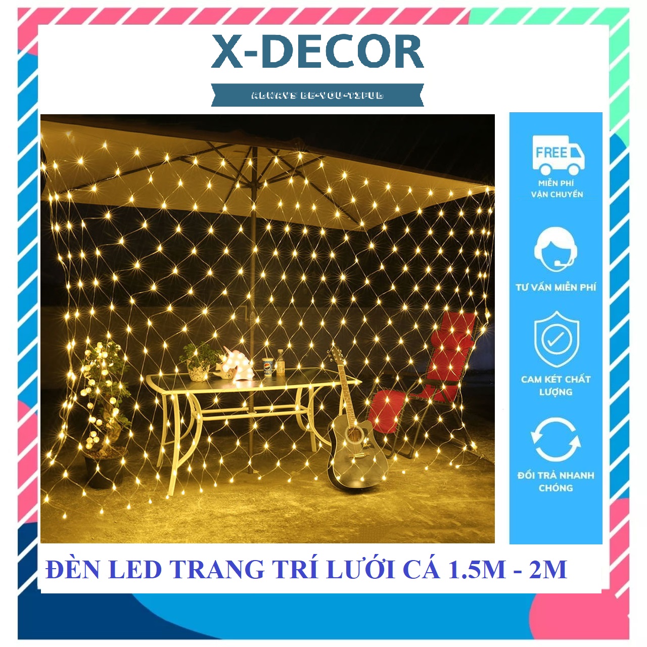 Rèm lưới đèn Led trang trí kích thước 2x2m 200 bóng Led, đèn trang trí phòng ngủ ban công , đèn chống nước trang trí trong nhà ngoài trời, đèn treo thả đèn trang trí giáng sinh tiệc cưới