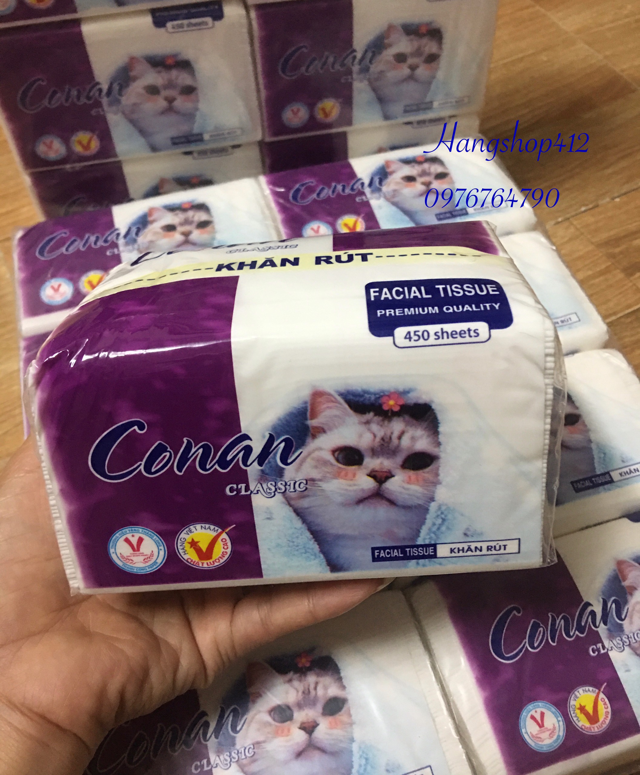Khăn giấy rút Conan / 450 tờ . khăn rút mèo Conan 3 lớp giấy dai mịn