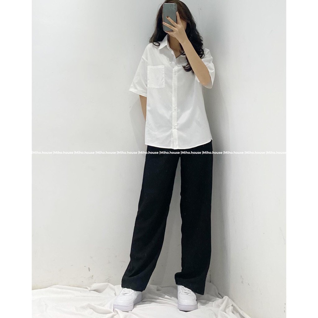 Áo sơ mi trắng quốc dân cộc tay túi ngực thô lụa không nhăn