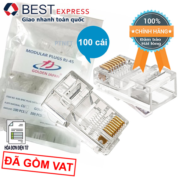 Hạt mạng chất lượng RJ45 Golden Japan CAT5E, chân lõi đồng (Túi 100 cái, trong suốt)