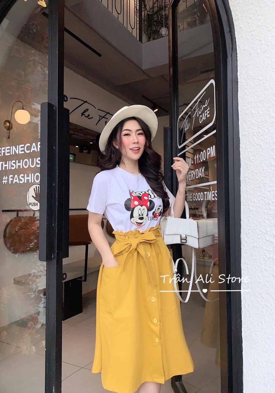 [HCM]Set váy rời áo tay con in hình chân váy xòe eo cột nơ