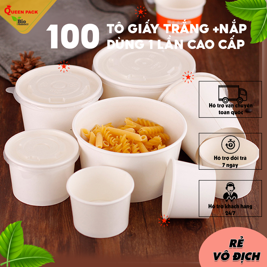 Sỉ 100 Tô giấy trắng size 350ml 500ml 750ml 1000ml + nắp nhựa bằng PP giá rẻ dùng 1 lần cao cấp