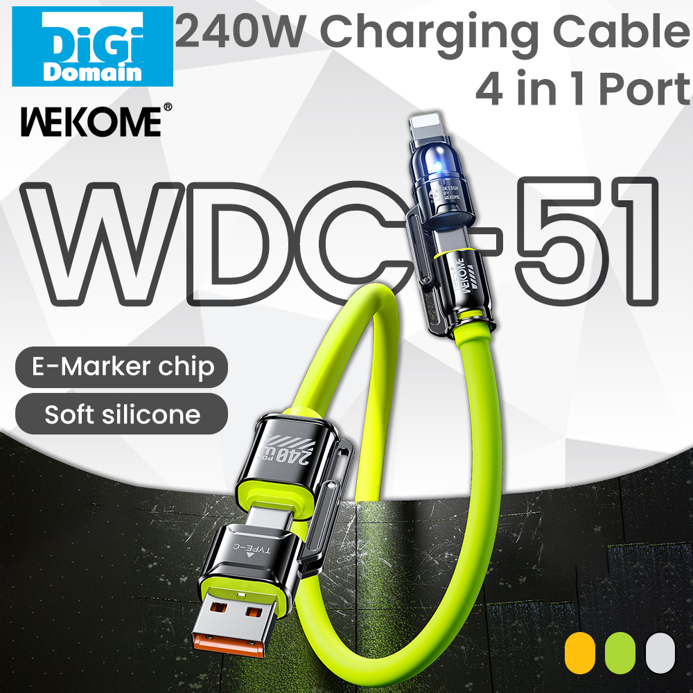 Digi WEKOME 240W 4 trong 1 Cáp sạc dữ liệu siêu nhanh 1.2m USB Type-C to Type-C Lightning Tương thích với iPhone Samsung Xiaomi Hỗ trợ Macbook sạc máy tính xách tay hỗ trợ kết nối có dây Carplay Sạc Điện Thoại Kem Silicon dây sạc trên xe ô tô