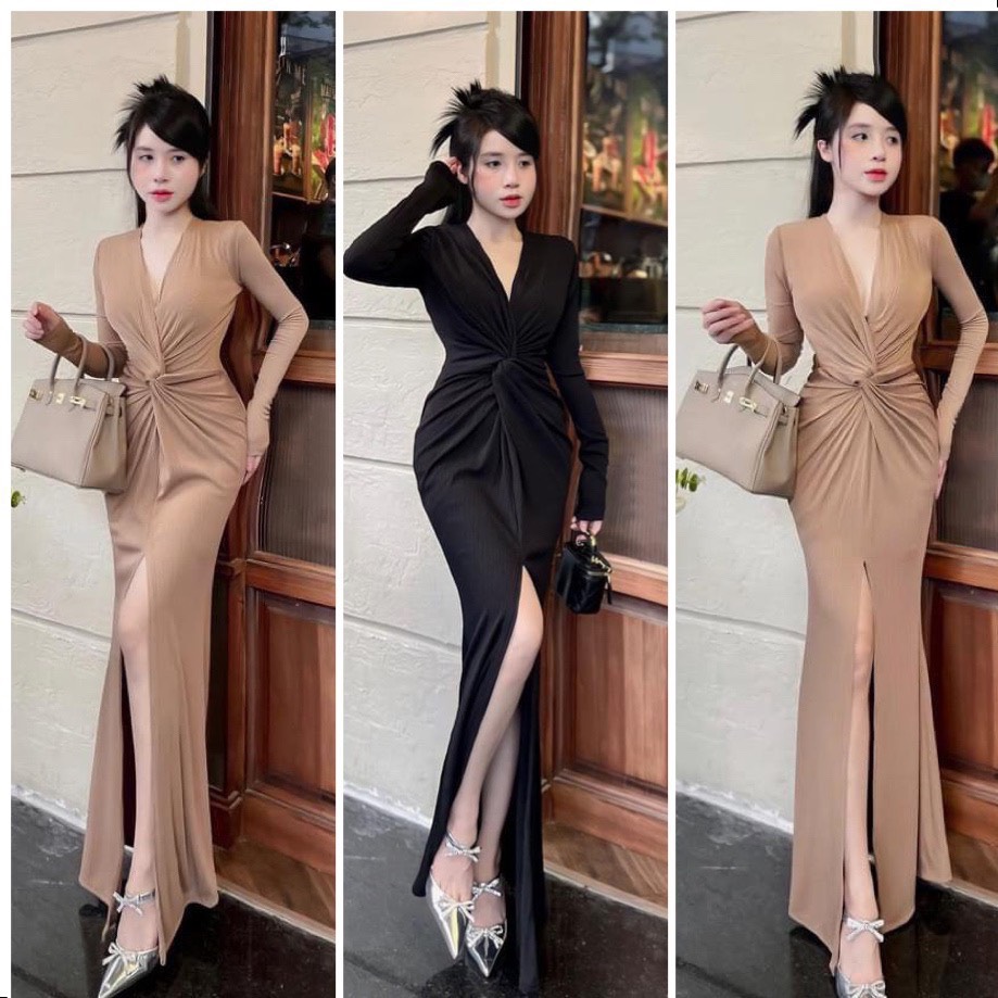 Đầm body cổ v xoắn bụng xẻ tà trước sang chảnh - thun gân trung