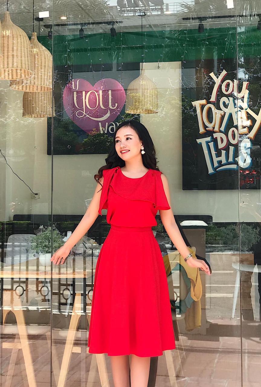 Đầm nữ dáng xòe cổ bèo đính ngọc chất kate lụa freesize 2 màu vàng đỏ