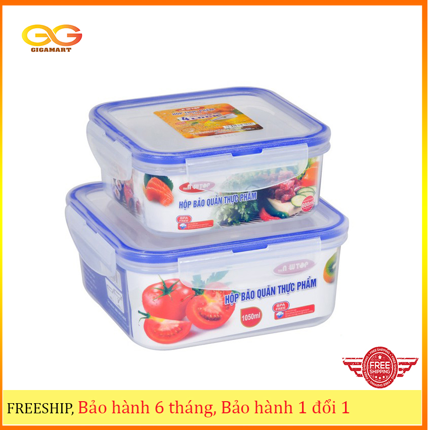 Bộ 2 hộp thực phẩm vuông Four Lock 2242 Song Long, có 4 khóa, gioăng cao su chống tràn, an toàn cho sức khỏe