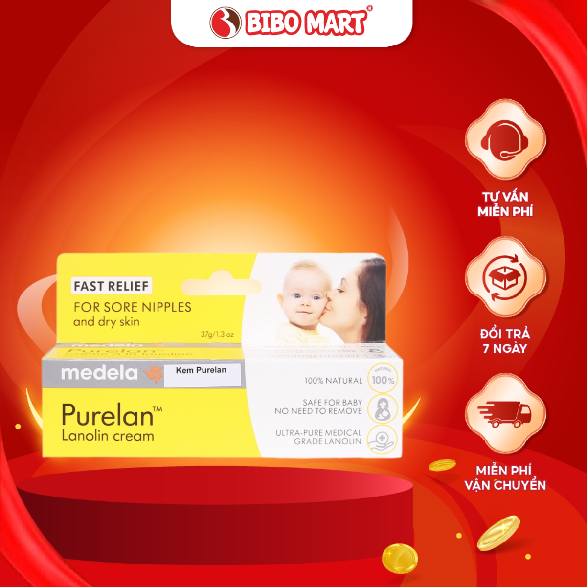 Kem Medela Purelan Hỗ Trợ Giảm Nứt Đầu Ti Cho Mẹ - Tăng Độ Đàn Hồi Tự Nhiên Tuýp 7g 37g - Bibomart