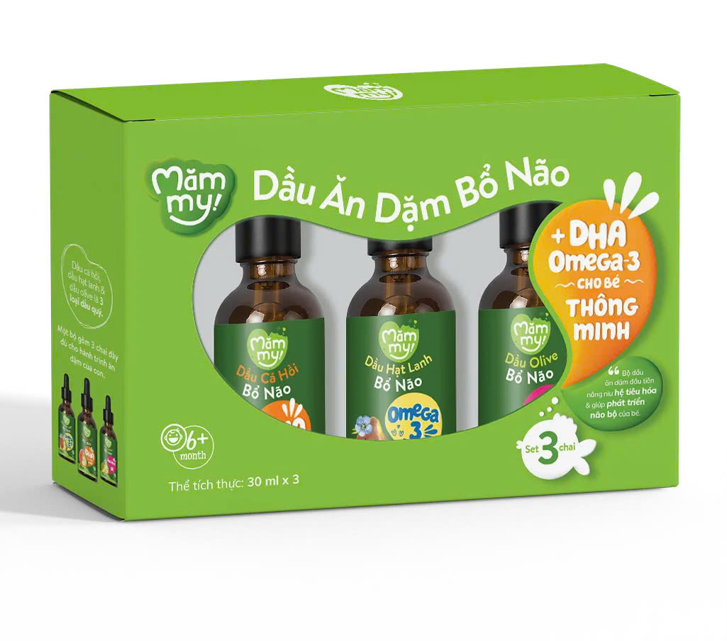 Combo 3 dầu ăn dặm bổ não Mămmy 30ml gồm dầu Olive, cá hồi, hạt lanh bổ não cho bé 6 tháng tuổi