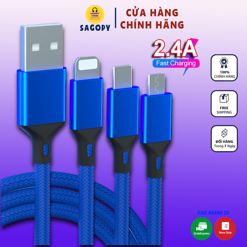 Dây cáp sạc nhanh 2.4A iphone Lightning, Samsung type C, Micro, dây cáp sạc điện thoại 3 đầu bọc dù Sagopy