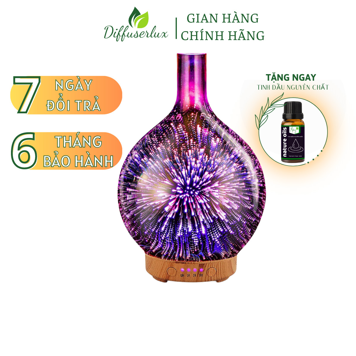 Máy xông tinh dầu, máy tạo độ ẩm phòng điều hoà, máy khuếch tán tinh dầu Lọ hoa 3D có đèn led 7 màu, tặng kèm tinh dầu - Diffuser Lux