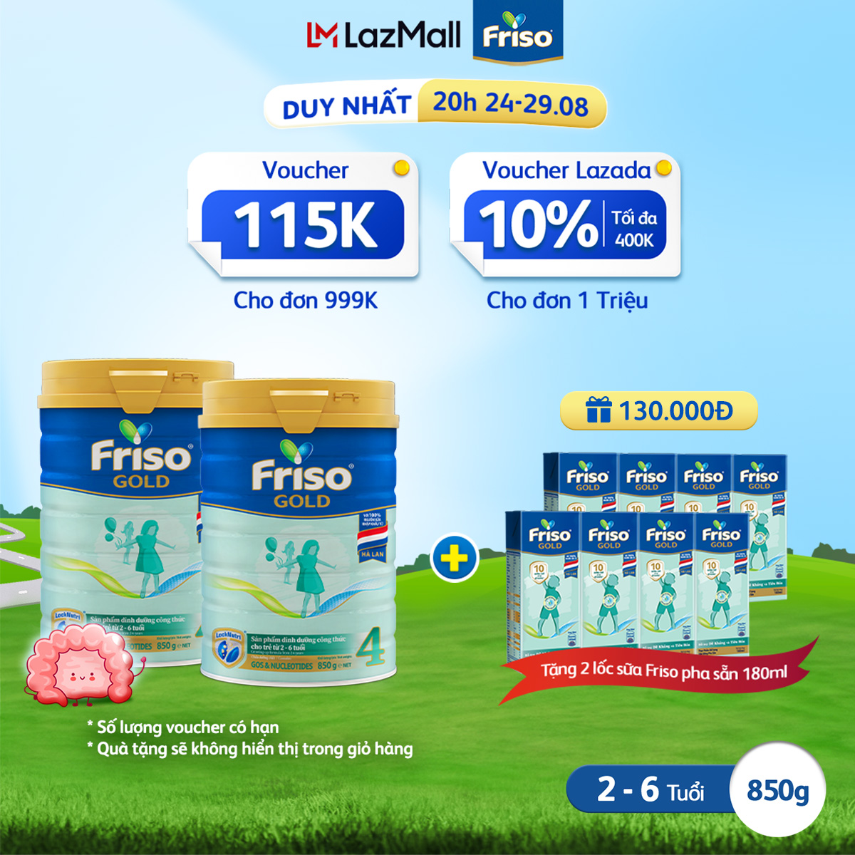 Bộ 2 lon sữa bột friso gold 4 lon thiếc 850g cho trẻ từ 2-6 tuổi