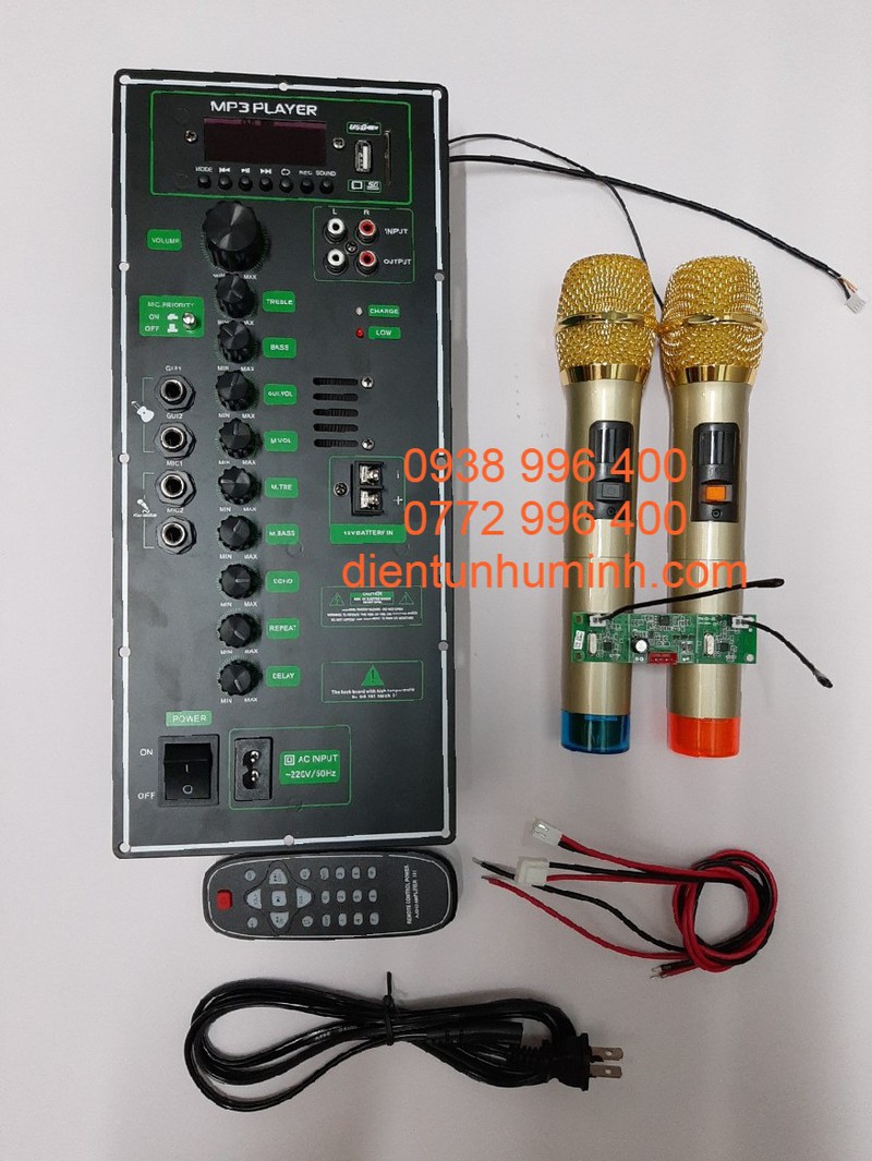 Combo mạch loa kéo 4 tấc kèm 2 mic không dây