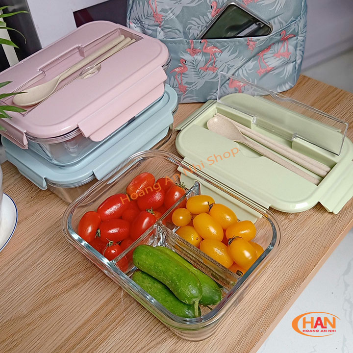 [TẶNG KÈM BỘ MUỔNG ĐŨA] Hộp đựng cơm thủy tinh có chia ngăn cao cấp - Hộp đựng cơm văn phòng 3 ngăn