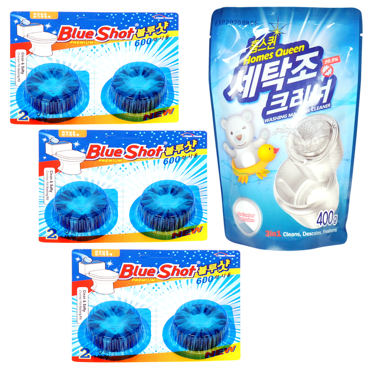 Combo 3 vỉ viên tẩy bồn cầu cao cấp BlueShot + 1 gói bột tẩy lồng giặt Homes Queen Hàn Quốc 400gr vệ sinh máy giặt hiệu quả