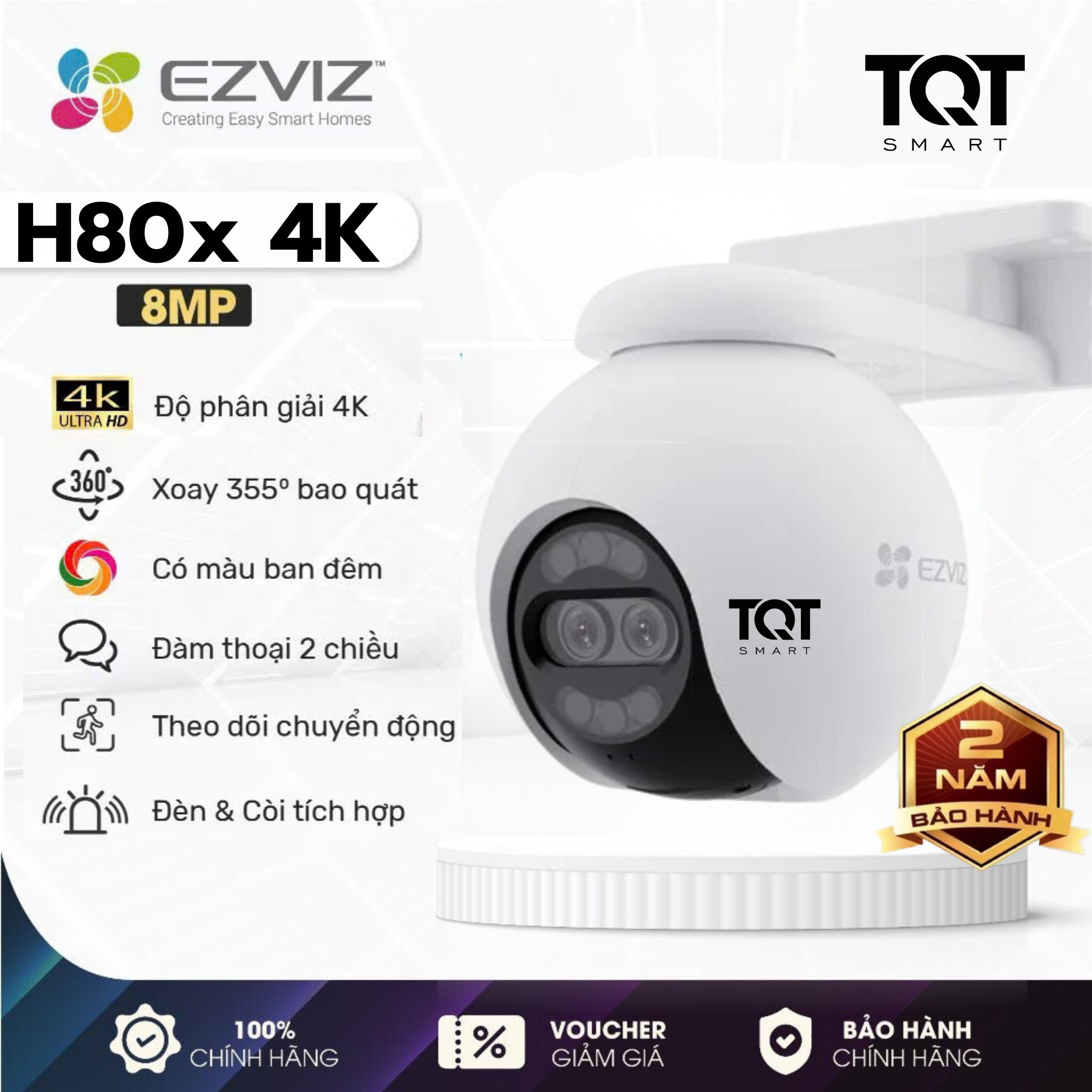 Camera Wifi Ezviz H80x 4K 8MP Siêu Nét - Xoay 360 Độ, Đàm thoại 2 Chiều, Có Màu Ban Đêm, Theo Dõi Chuyển Động, Đèn Còi Báo Động - BH 2Năm
